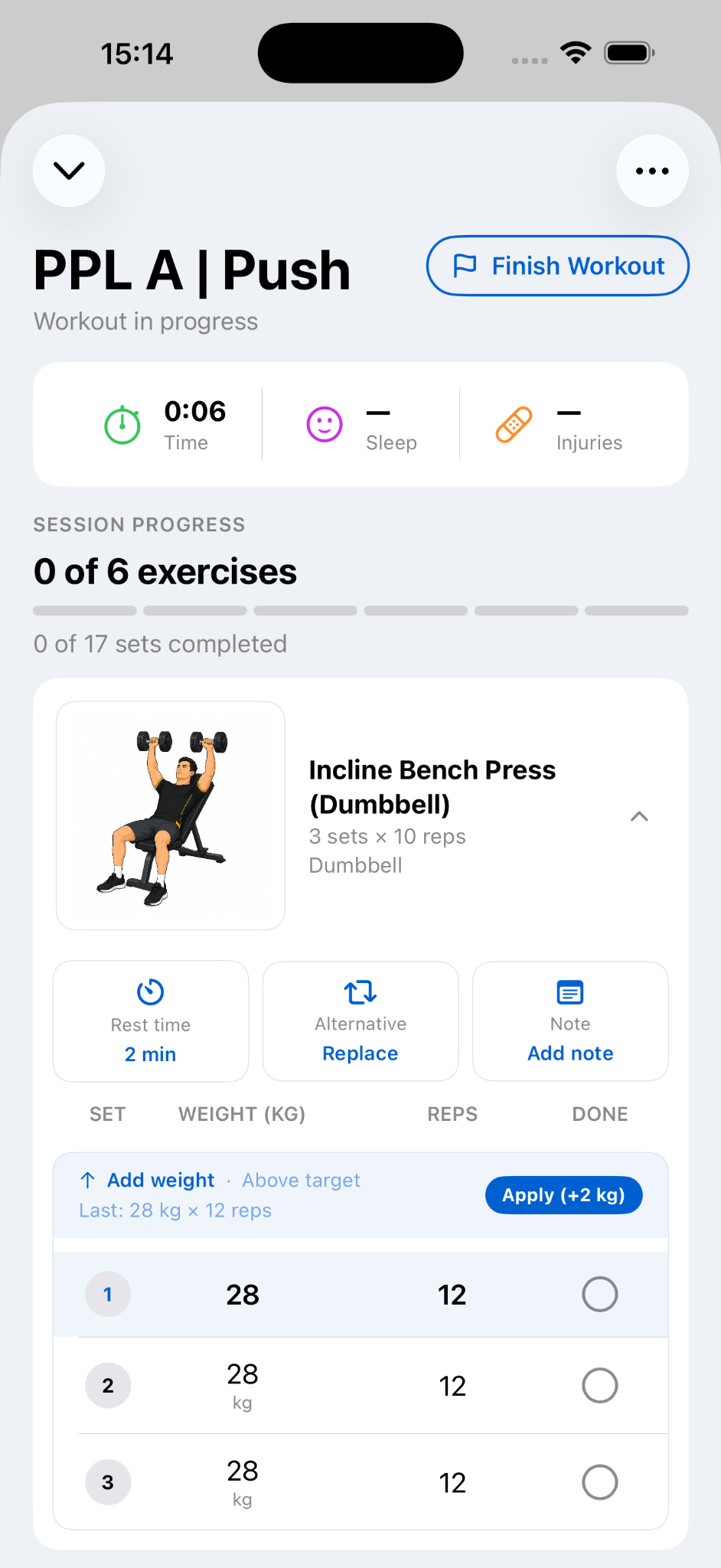 Active workout in LiftTraq